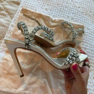 Badgley Mischka Collection Galia White Embellished Satin Sandal Heels Size 6